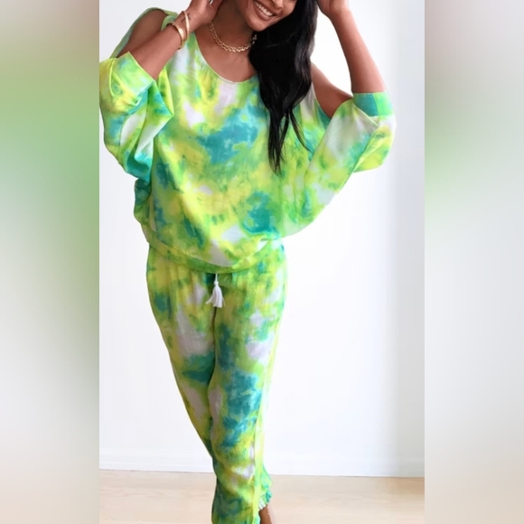 New York & Co Soho Street 2PCS Top & Joggers Tie Dye Lime Green Teal Set NWT - Picture 1 of 10